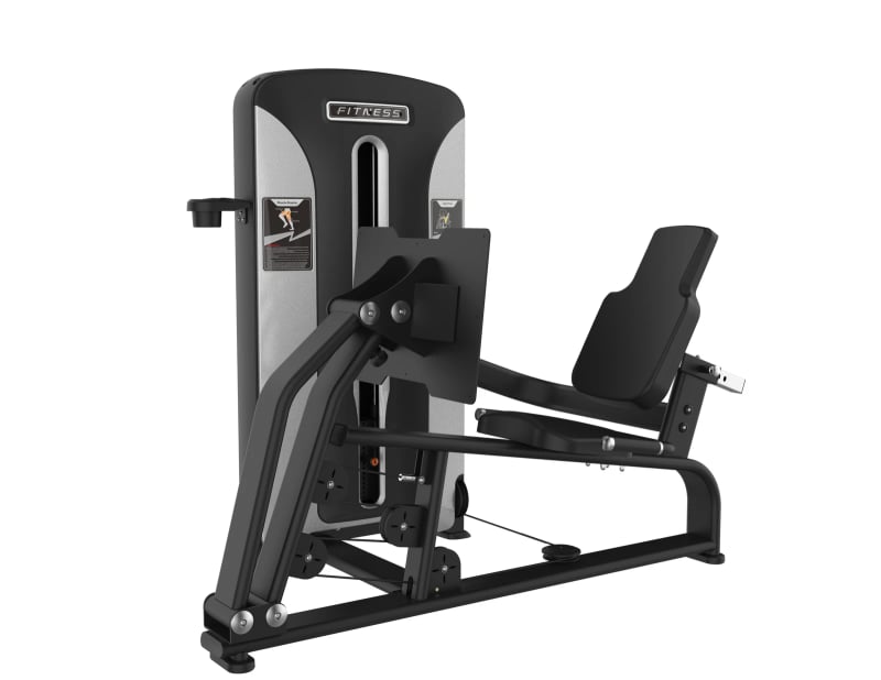 PrimePower PPF-K803 seated leg press, matte black frame, black and silver-grey shroud, black upholstery