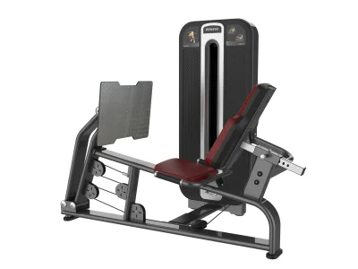PrimePower PPF-K603 seated leg press, gunmetal grey frame, black shroud with silver trim, burgundy upholstery