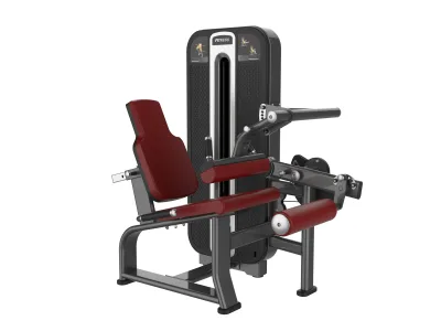 PrimePower PPF-K623 seated leg curl, gunmetal grey frame, black shroud with silver trim, burgundy upholstery