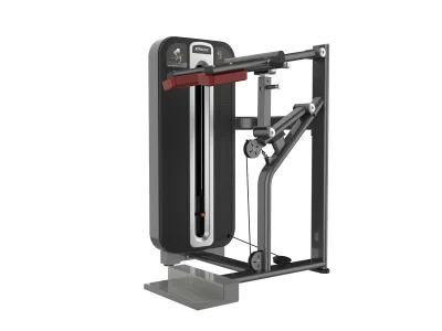 PrimePower PPF-K620 standing calf raise, gunmetal grey frame, black shroud with silver trim, burgundy upholstery