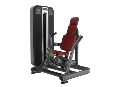 PrimePower PPF-K608 seated chest press, gunmetal grey frame, black shroud with silver trim, burgundy upholstery PrimePower PPF-K608 seated chest press, gunmetal grey frame, black shroud with silver trim, burgundy upholstery
