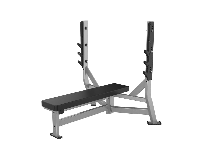 PrimePower PPF-HY43 Olympic flat bench, silver-grey uprights with bar catches and black pad
