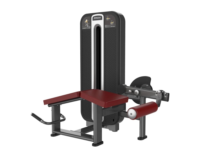 PrimePower PPF-K601 prone leg curl, gunmetal grey frame, black shroud with silver trim, burgundy upholstery