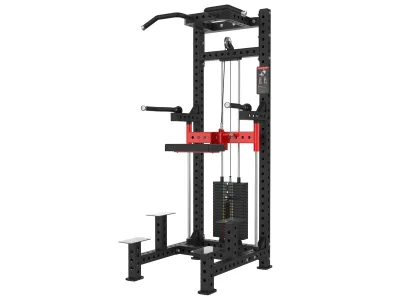 PrimePower PPF-K113 assisted chin and dip machine, black frame with red accents and weight stack