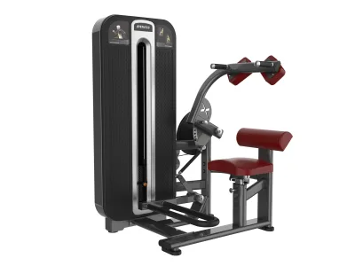 PrimePower PPF-K619 abdominal crunch, gunmetal grey frame, black shroud with silver trim, burgundy upholstery