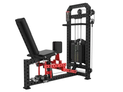 PrimePower PPF-K114 hip adduction and abduction machine, black frame with red leg arms and weight stack