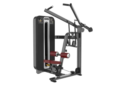 PrimePower PPF-K610 lever-arm lat pulldown, gunmetal grey frame, black shroud with silver trim