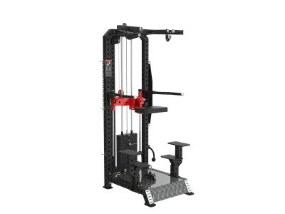 PrimePower PPF-K113A assisted chin/dip and belt squat combo, black frame with red accents and platform