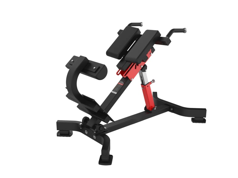 PrimePower PPF-HM45 – 45° Back Extension (Roman Chair), black frame, red accents, black upholstery