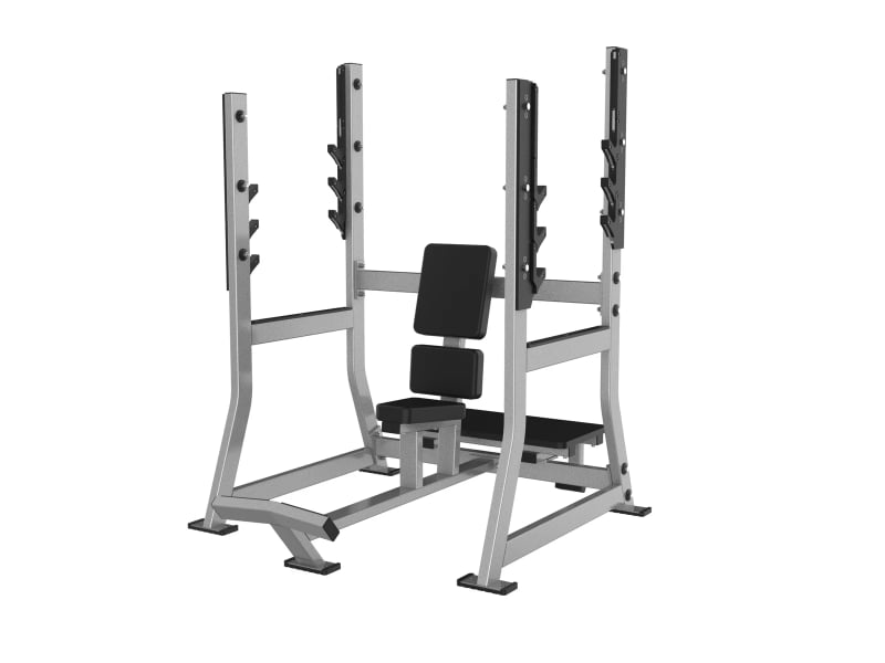 PrimePower PPF-HY40 Olympic military bench, silver-grey uprights with bar catches and upright seat
