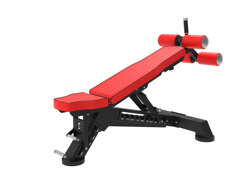 PrimePower Adjustable FID Bench with Leg Hold-Down PPF-A850, black frame, red accents, red upholstery