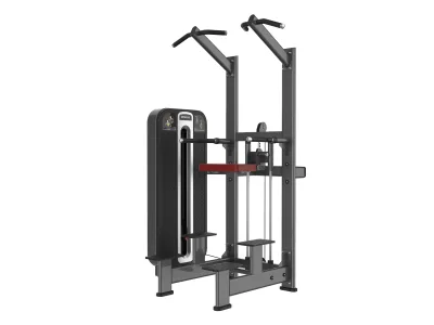 PrimePower PPF-K609 assisted chin / dip, gunmetal grey frame, black shroud with silver trim, burgundy upholstery